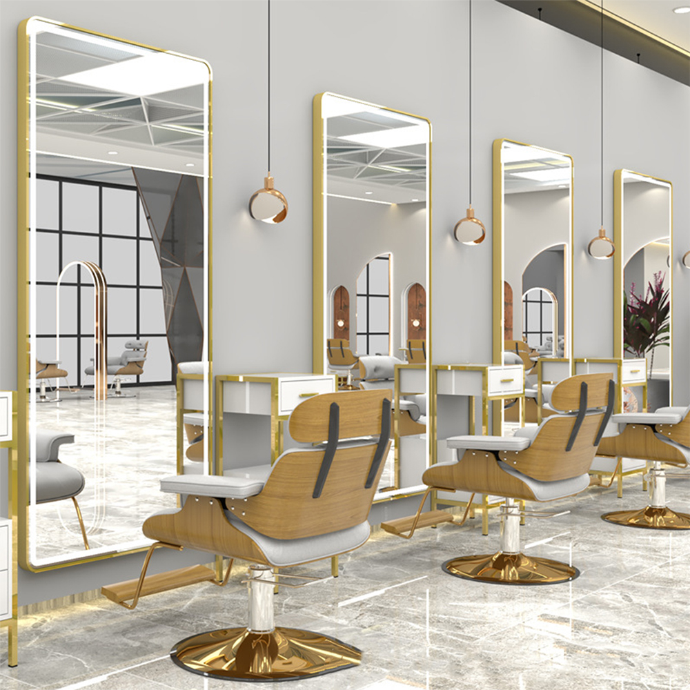 Dulap cu oglindă cu lampă cu led de lux auriu pentru salon de coafură Oglindă cu led pentru salon de frumusețe cu ușă Oglindă pentru coafură