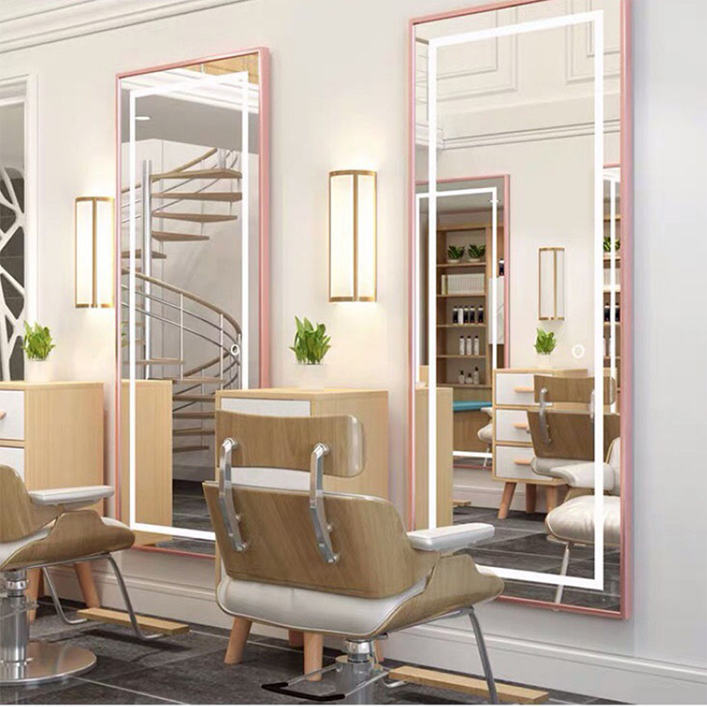Dulap Oglindă Roz În Unghi Drept Cu Lumină Led Pentru Oglindă De Salon De Coafă Cu Oglindă De Aranjare Ușă