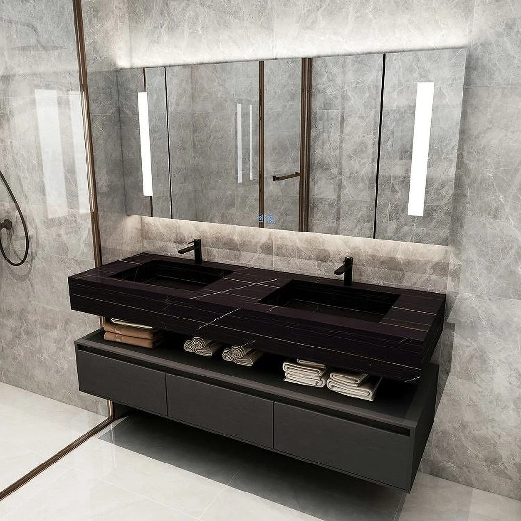 Set dulap de baie cu chiuvetă dublă din marmură Dulap de depozitare rezistent la apă pentru baie modernă Dulap de dressing