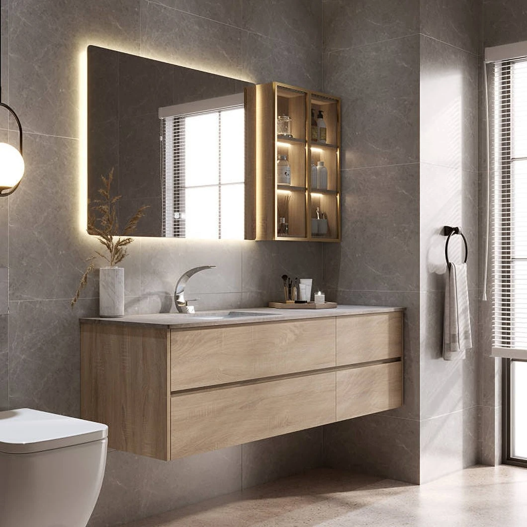 Set de vanitate de baie ieftine, personalizat din fabrică, dulap de baie din lemn, impermeabil cu LED, dulap cu oglindă inteligentă cu oglindă LED