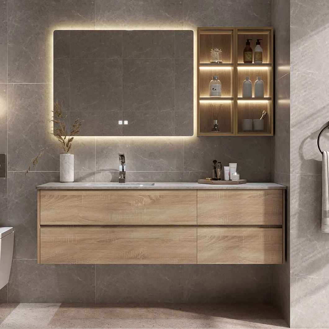 Set de vanitate de baie ieftine, personalizat din fabrică, dulap de baie din lemn, impermeabil cu LED, dulap cu oglindă inteligentă cu oglindă LED
