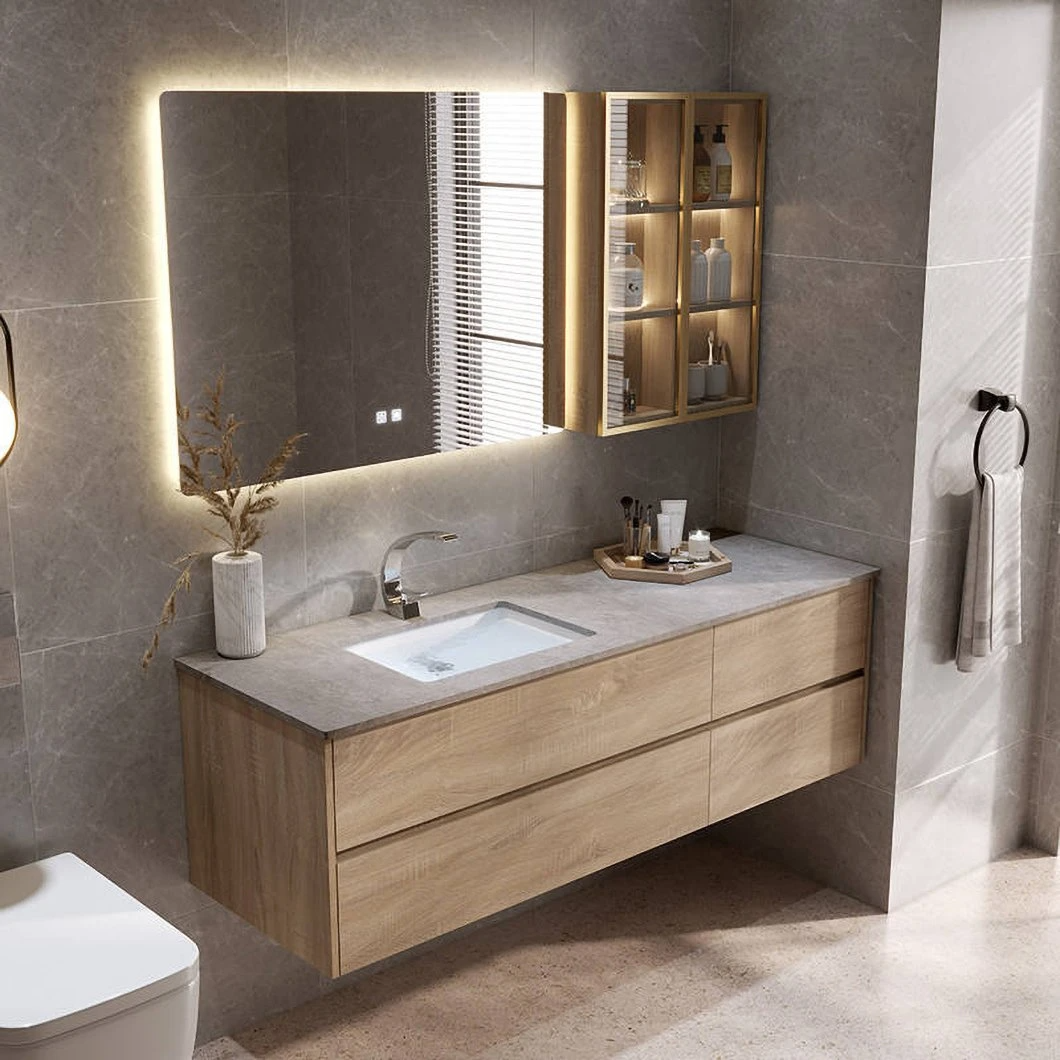 Set de vanitate de baie ieftine, personalizat din fabrică, dulap de baie din lemn, impermeabil cu LED, dulap cu oglindă inteligentă cu oglindă LED
