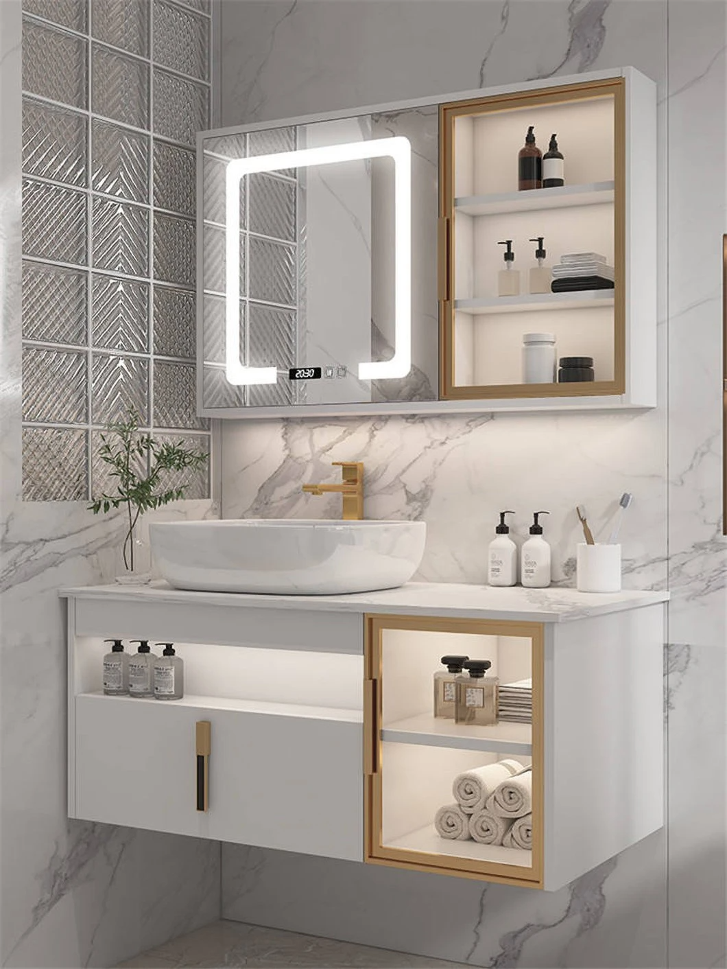Dulap de baie modern din lemn pentru chiuvetă dublă de hotel, cu oglindă inteligentă