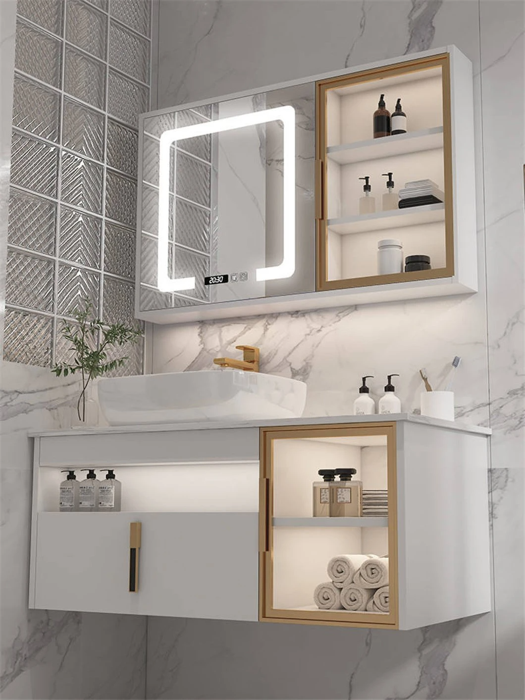 Dulap de baie modern din lemn pentru chiuvetă dublă de hotel, cu oglindă inteligentă