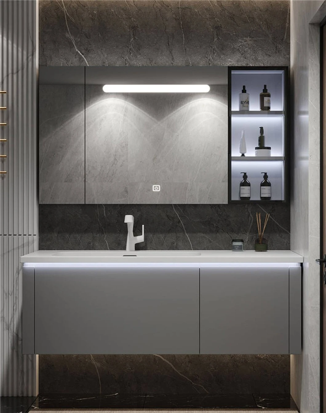 Set dulap cu oglindă de baie ieftină folosită de hotel Dulap de baie modern dublu din marmură cu chiuvetă