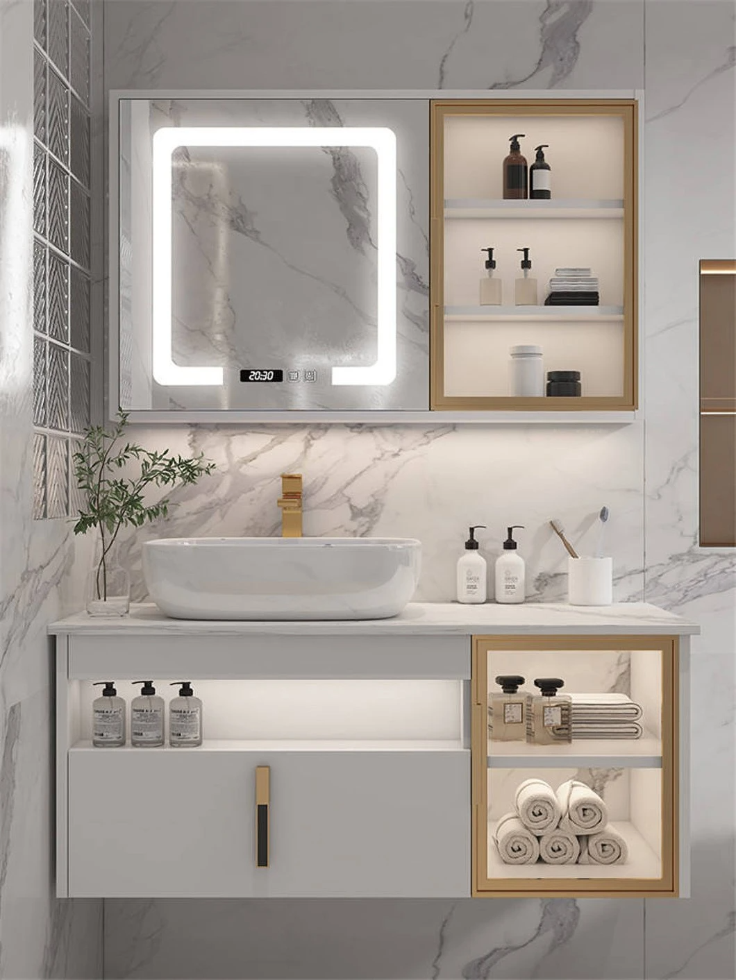 Dulap de baie modern din lemn pentru chiuvetă dublă de hotel, cu oglindă inteligentă