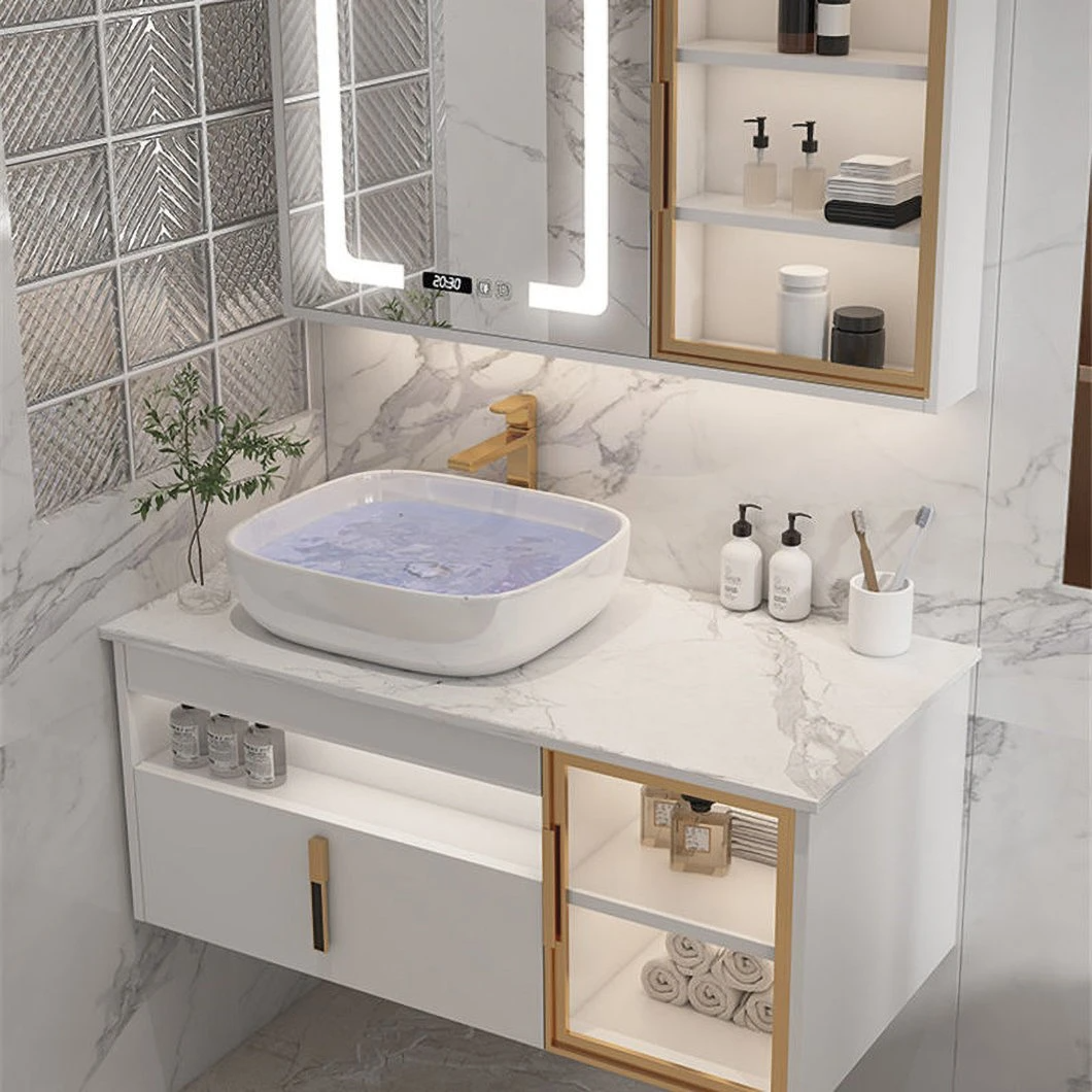 Dulap de baie modern din lemn pentru chiuvetă dublă de hotel, cu oglindă inteligentă