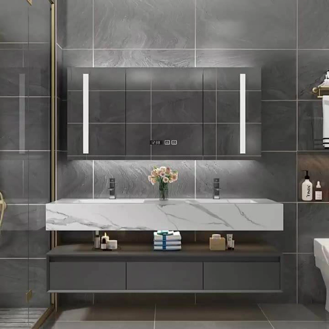 Dulap dublu pentru chiuvetă de lux din marmură Set dulap de baie din aluminiu cu dulap cu oglindă
