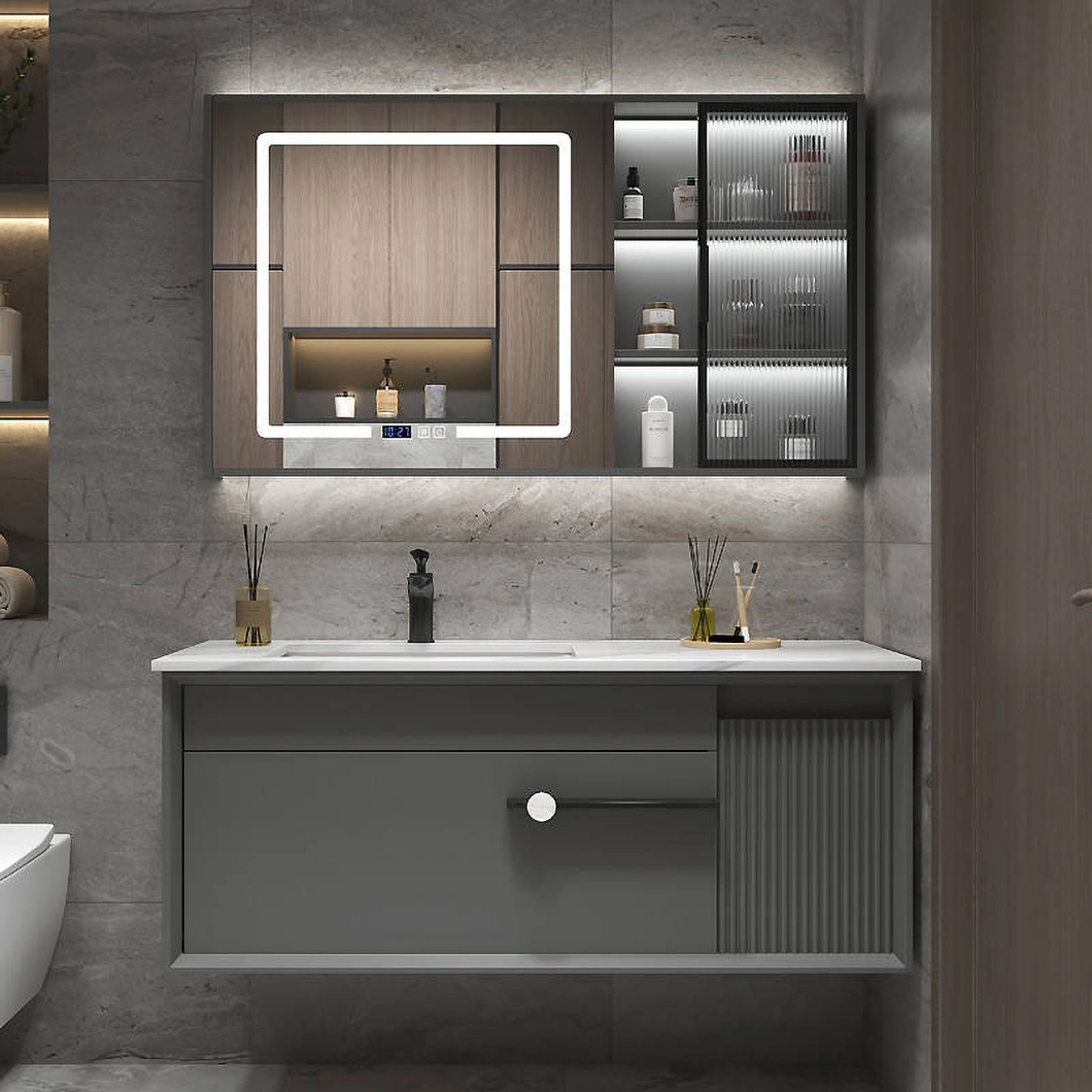 Set de toaletă modern de lux cu dulap de baie din lemn de esență tare lucios negru cu oglindă LED