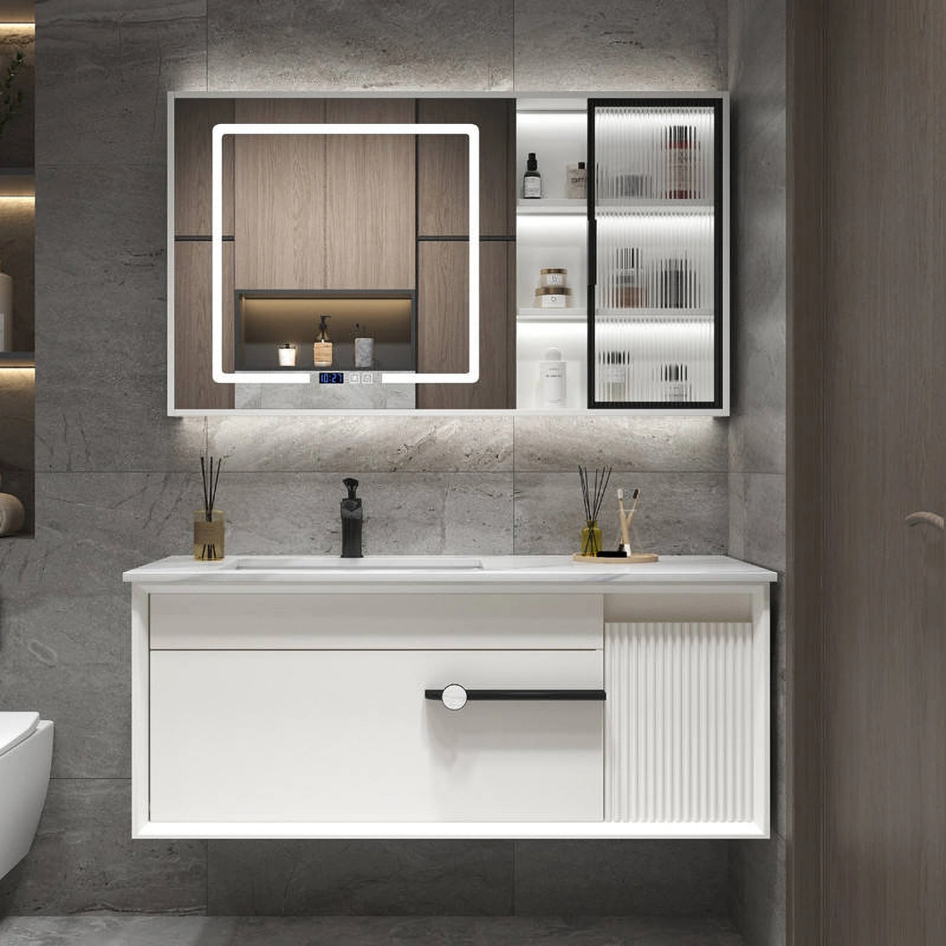 Set de toaletă modern de lux cu dulap de baie din lemn de esență tare lucios negru cu oglindă LED