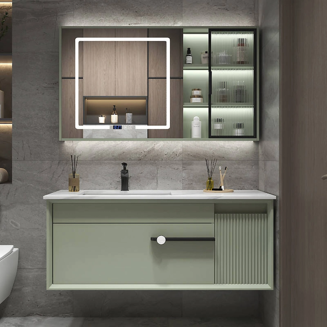Set de toaletă modern de lux cu dulap de baie din lemn de esență tare lucios negru cu oglindă LED