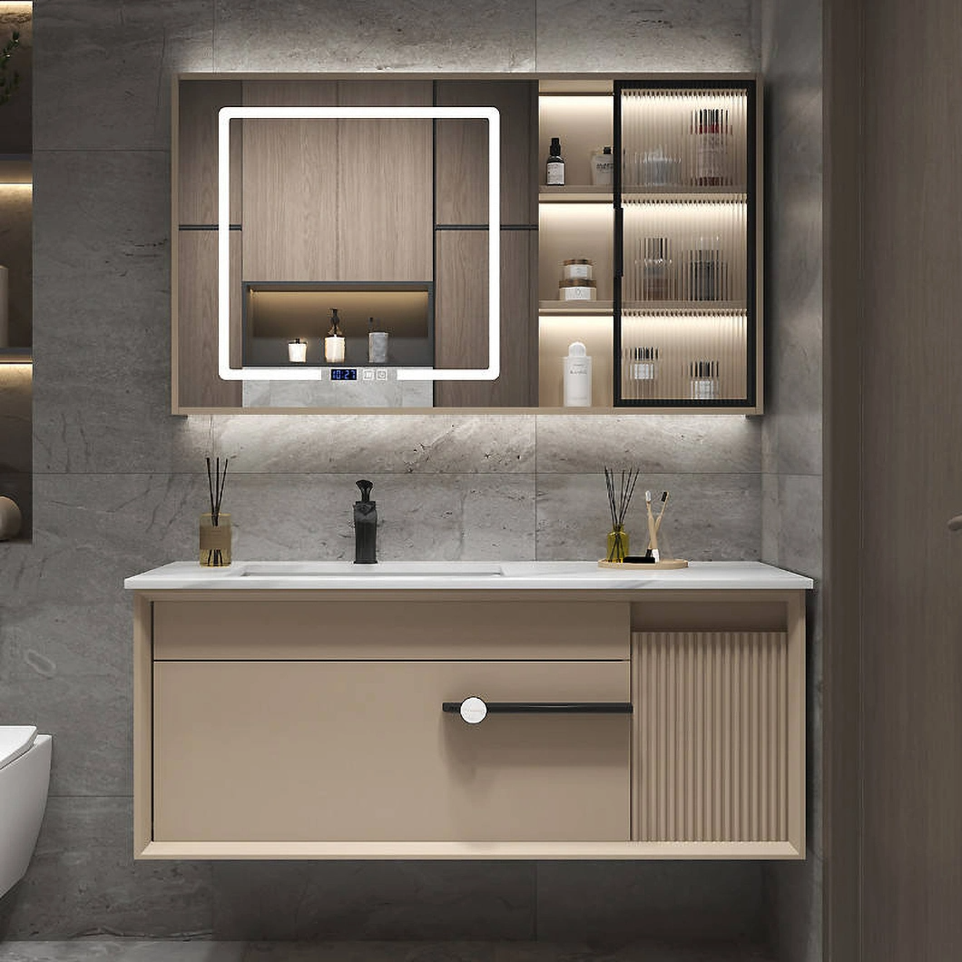 Set de toaletă modern de lux cu dulap de baie din lemn de esență tare lucios negru cu oglindă LED