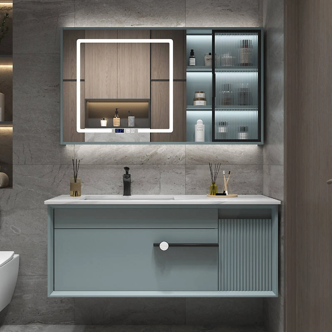 Set de toaletă modern de lux cu dulap de baie din lemn de esență tare lucios negru cu oglindă LED