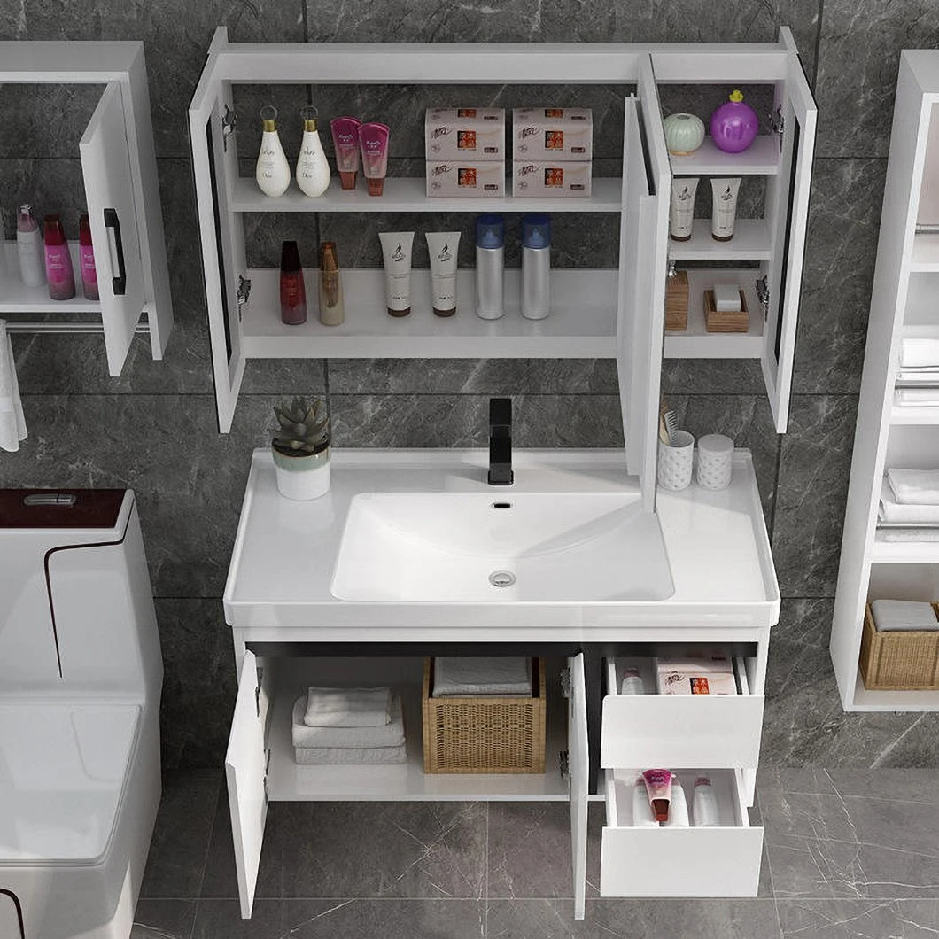 Dulap cu oglindă alb european, modern, mobilier de toaletă, dulap de baie cu chiuvetă din ceramică