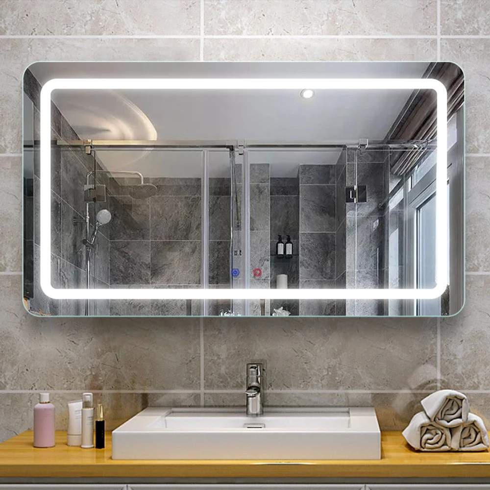 Oglindă decorativă inteligentă pentru chiuvetă pentru casă de lux, cu LED, pentru baie, fără cadru, iluminată din spate, oglindă de baie din sticlă