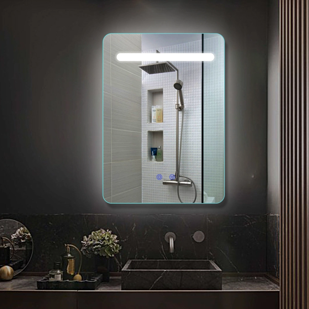 Oglindă de baie pătrată, montată pe perete, iluminată cu LED, cu funcție anti-aburire
