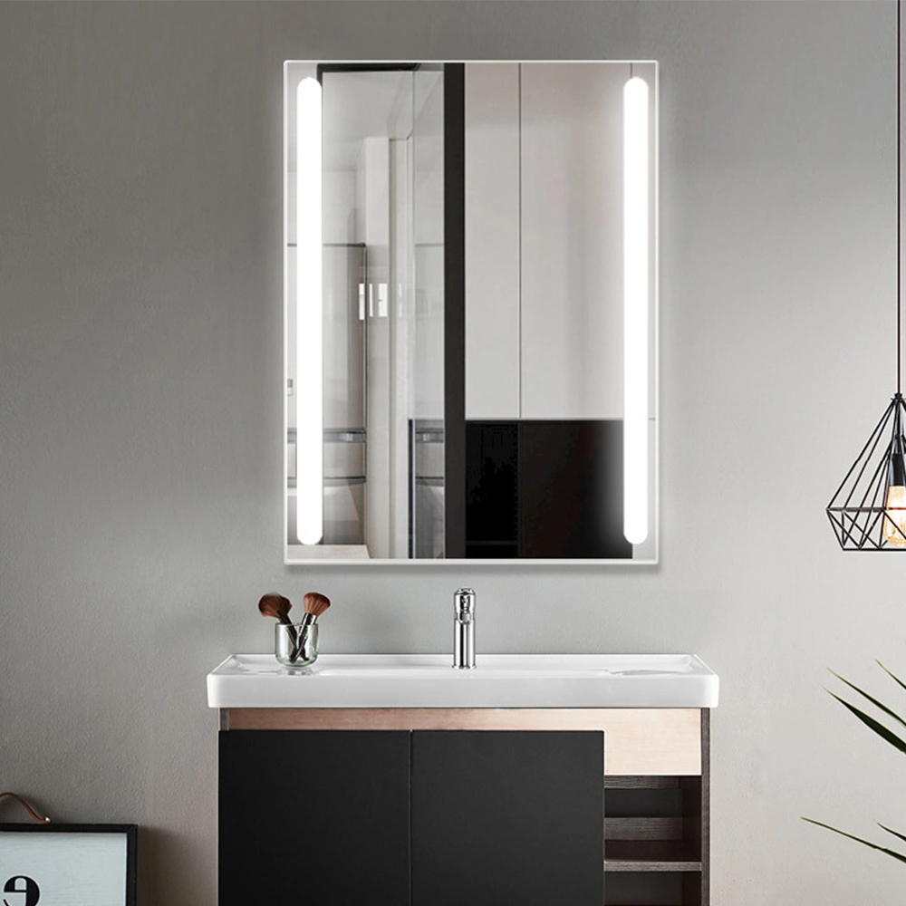 Pătrat dreptunghiular montat pe perete oglindă de machiaj pentru baie, iluminată cu LED, decorarea casei cu funcție anti-aburire Oglindă din sticlă Smart Home
