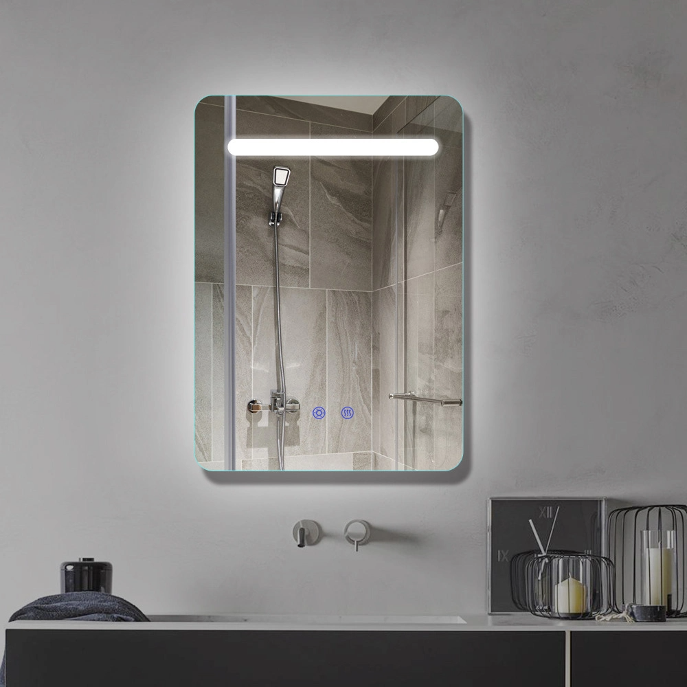 Oglindă de baie pătrată, montată pe perete, iluminată cu LED, cu funcție anti-aburire