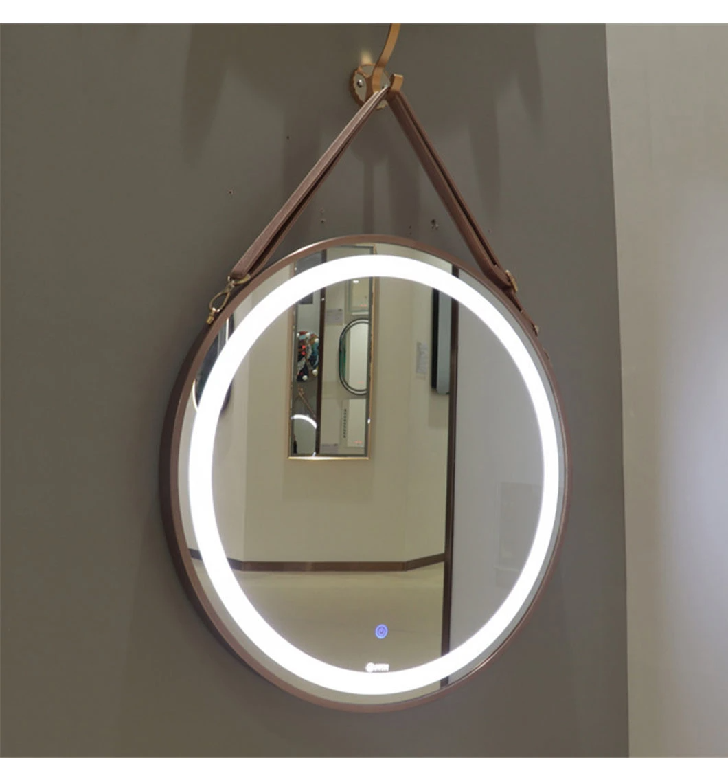 Oglindă rotundă LED pentru baie de perete cu curea din piele Oglindă inteligentă Oglindă de perete Decorare acasă Oglindă de machiaj Bluetooth Accesorii pentru baie Mobilier de salon